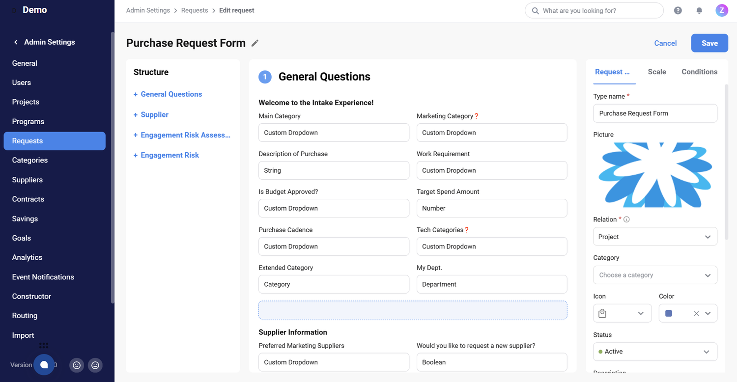 stylized screenshot of Focal Point's platform about flexible, no-code request forms